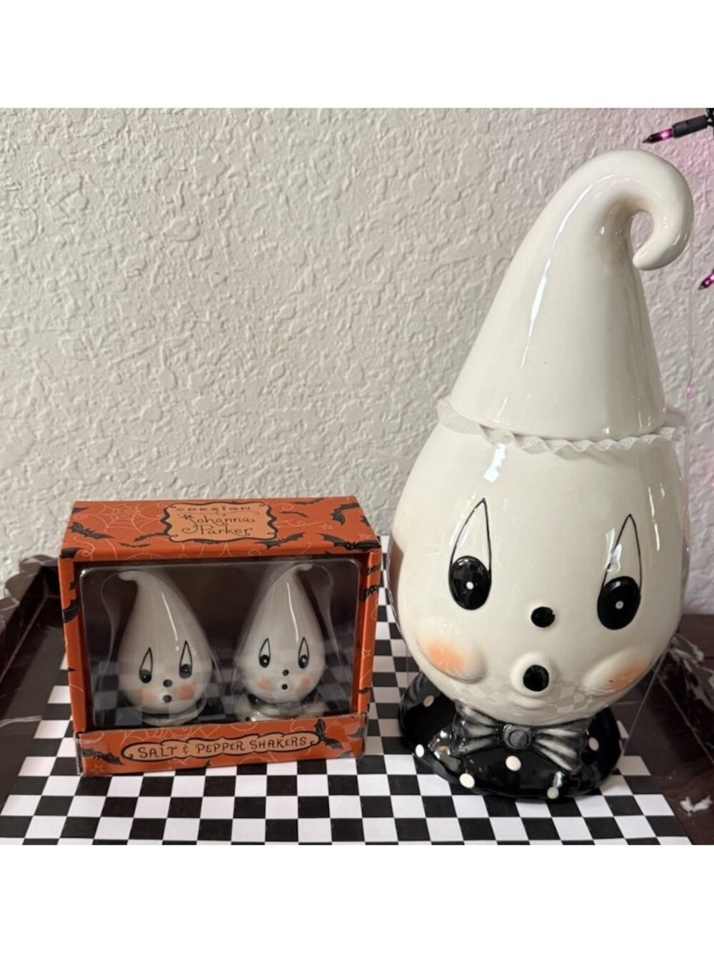 3P Johanna Parker Gus The Ghost Cookie Jar Salt Pepper Set Retro Halloween Table